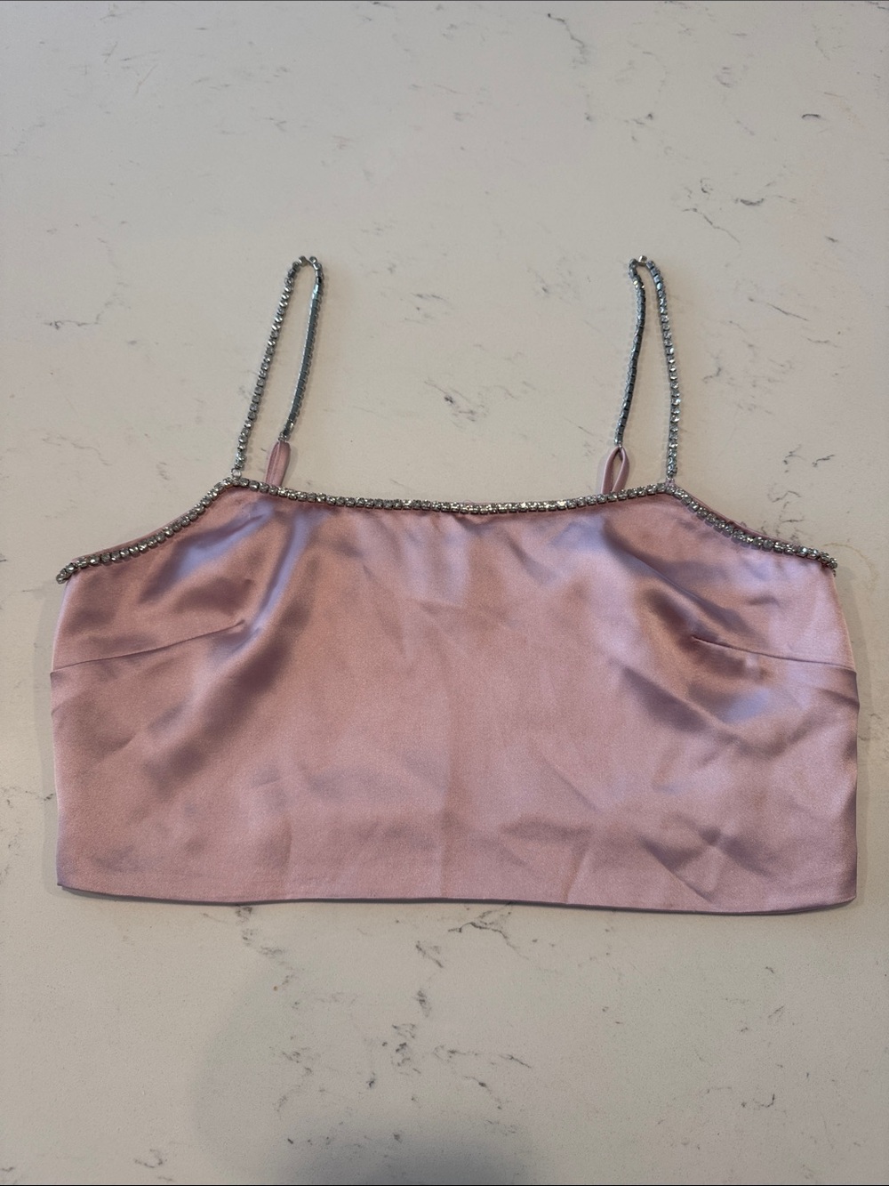 Pink Satin Rhinestone Straps Cami Top